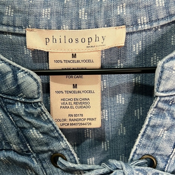 Philosophy Dress 100% Tencel Lace Up Raindrop Print Denim Jean Mini Chambray - Picture 2 of 11
